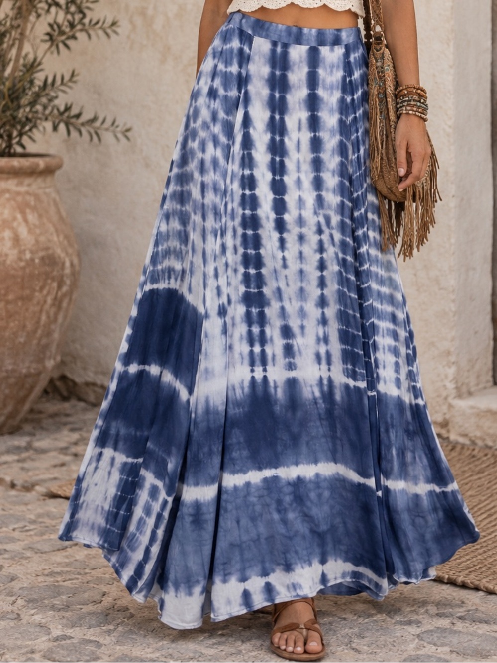 💙 Aakaa Blue Tie Dye Maxi Skirt Small Boho Festival Flowy Rayon